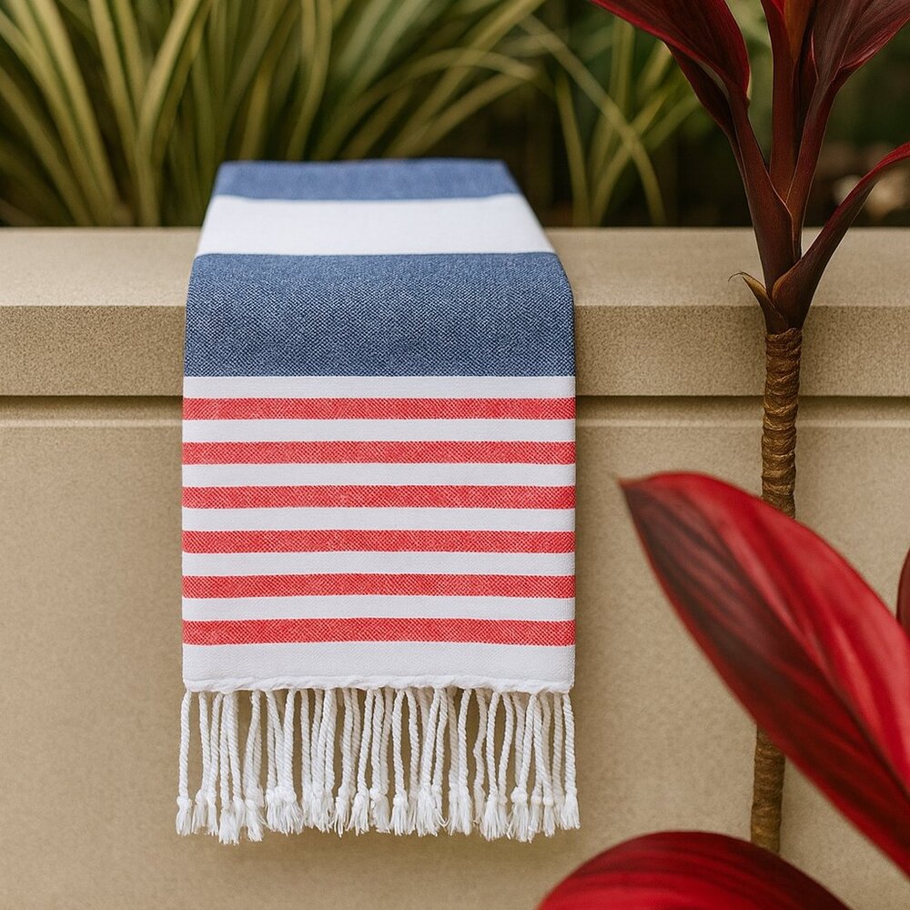 Sand Free Red White & Blue Turkish Cotton Beach Bath Towel
